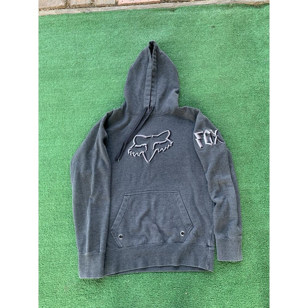 Y2K Fox Hoodie Mens Medium Y2K Gray Pullover Sweatshirt Embroidered Logo